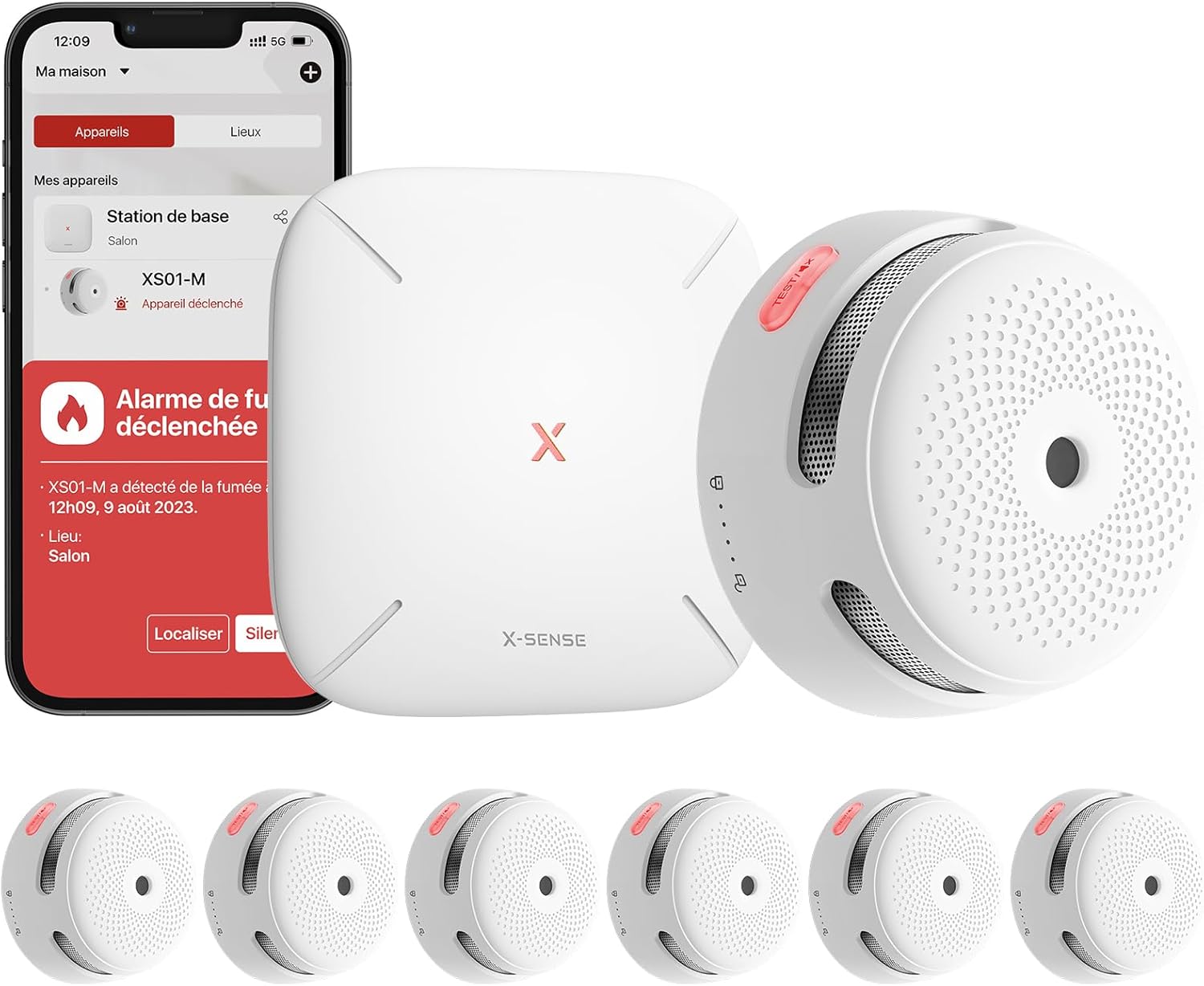 Sistema X-Sense Detector de Humo Smart XS01-M con estación Base SBS50, Detector de Humo inalámbrico con WiFi, 6 detectores.